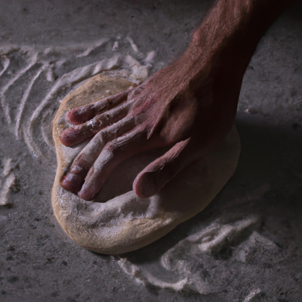 Manos del chef estirando masa madre sobre mármol con sémola, cocina artesanal luminosa