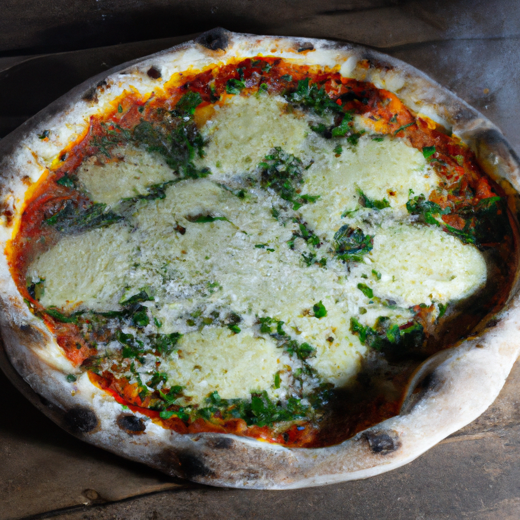 Primer plano de pizza a la piedra con merkén y ají cacho de cabra, corteza crujiente y humo del horno