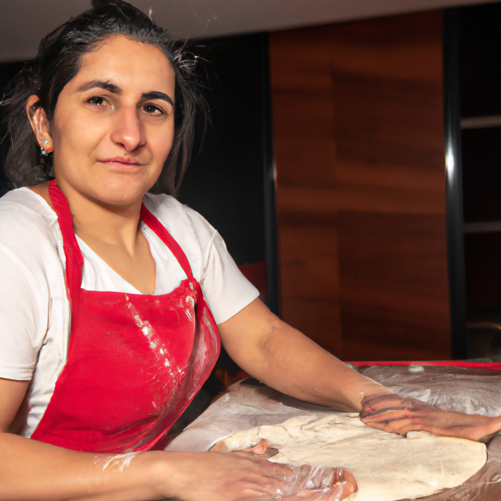 Maestra pizzaiola chilena con harina en manos frente a horno de leña