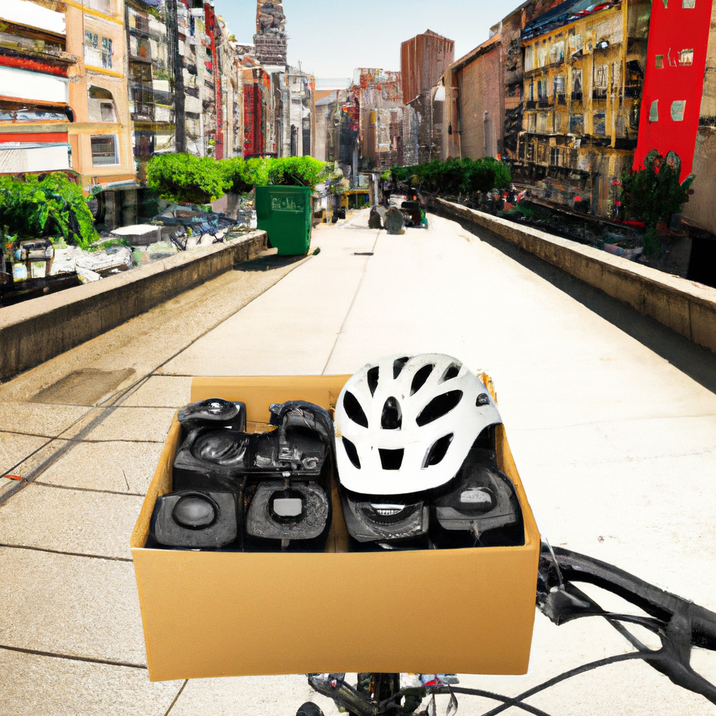 Repartidora en bici con caja compostable en calle arbolada de Santiago