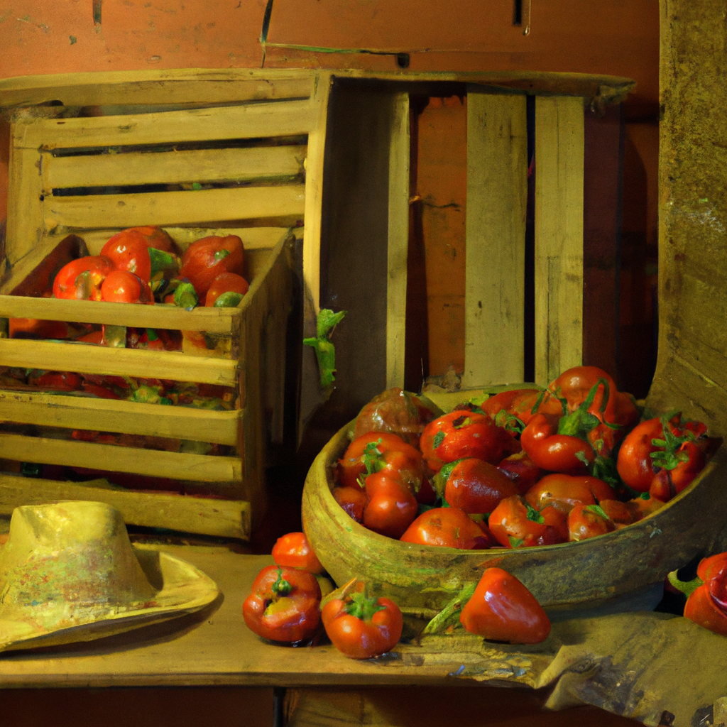 Proveedor de tomates con caja de madera en patio rural