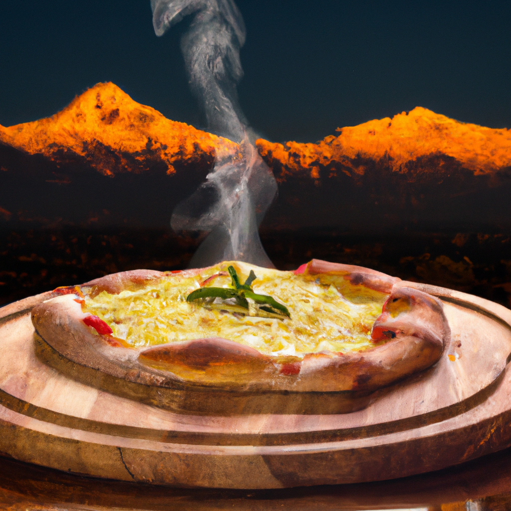 Pizza Margarita humeante con los Andes de fondo