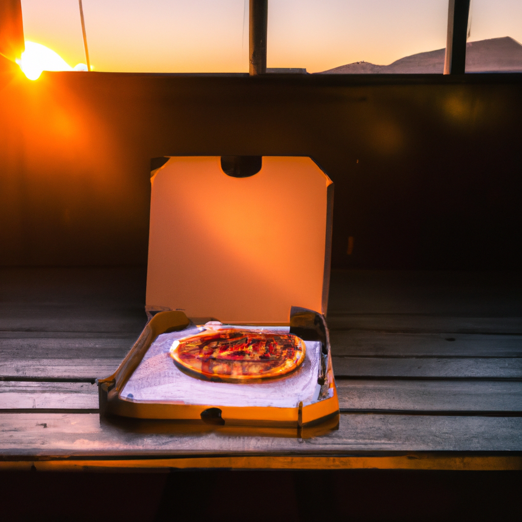 Caja de pizza sobre mesa de madera con la cordillera de los Andes al fondo, luz cálida al atardecer