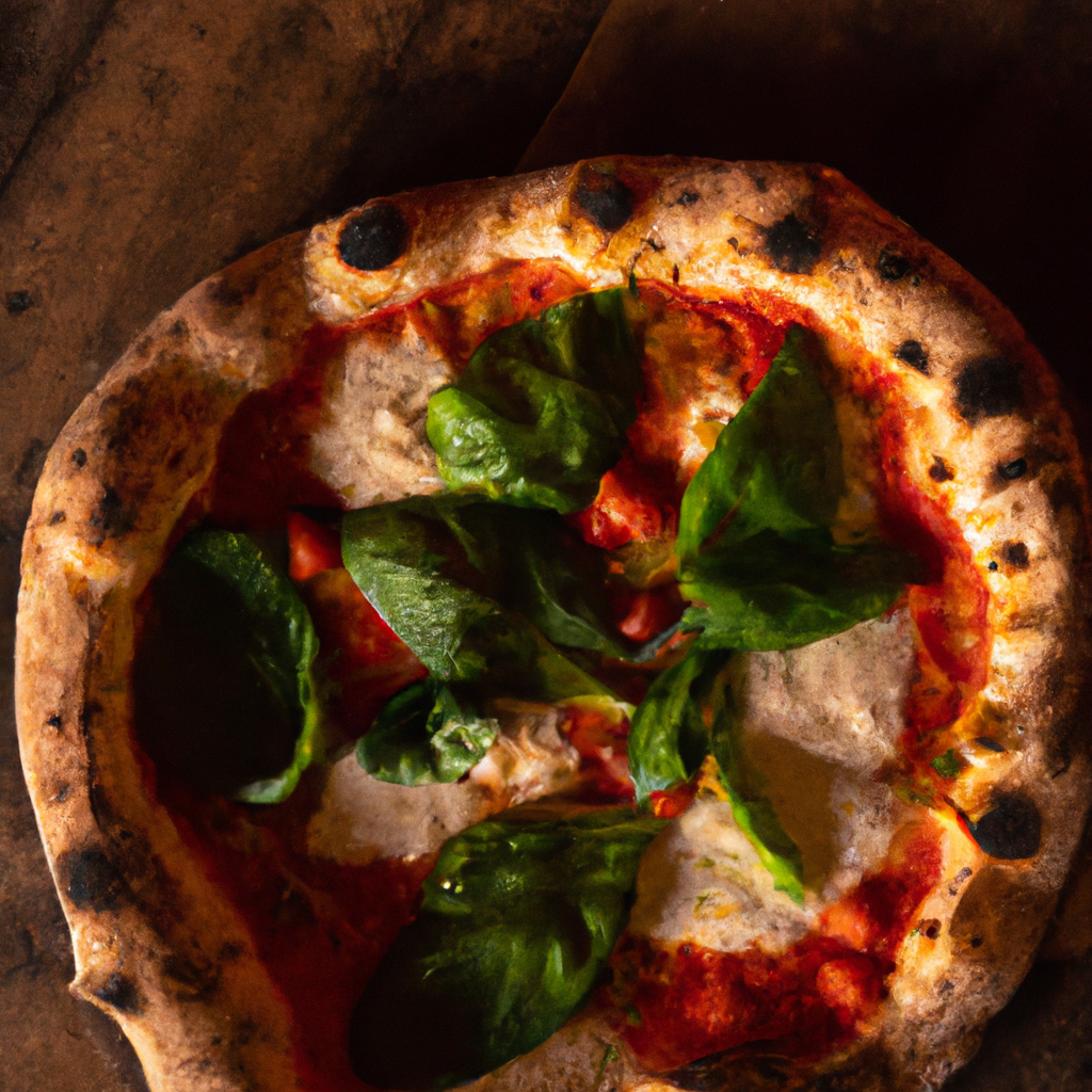 Fotografía artística de pizza napolitana saliendo de horno de leña con montañas de fondo, tonos cálidos y detalle de borde inflado